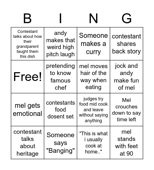 Master Chef Bingo Card