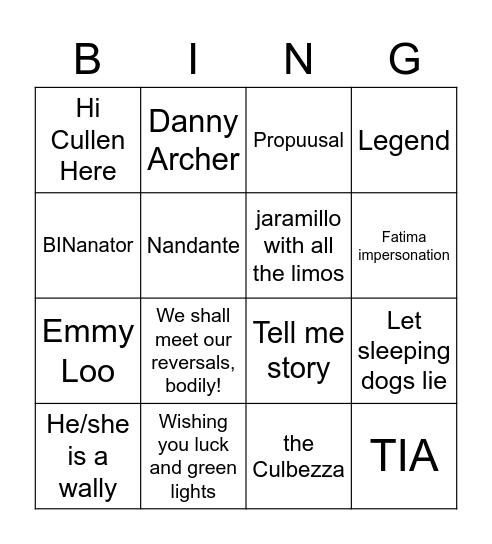 Cullen's bingo Card