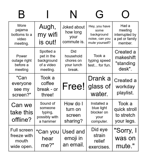 Work From Home Bingo Card