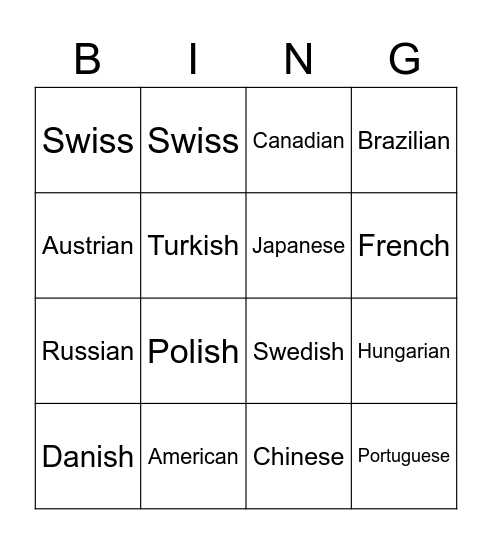Nationality Bingo Card