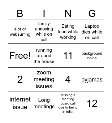 Remote working Bingo Card