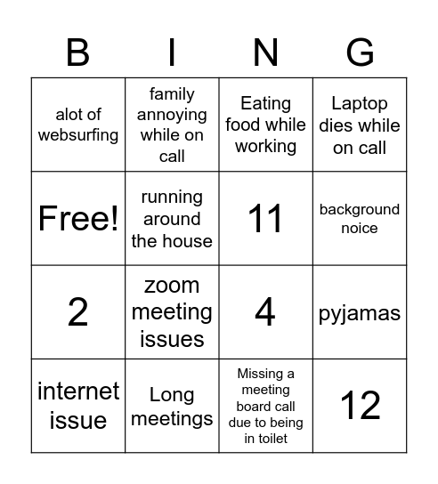 Remote working Bingo Card