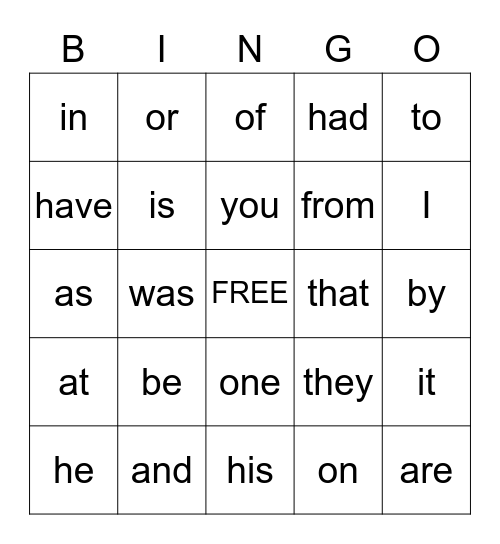 Sight Word Bingo 1 Bingo Card