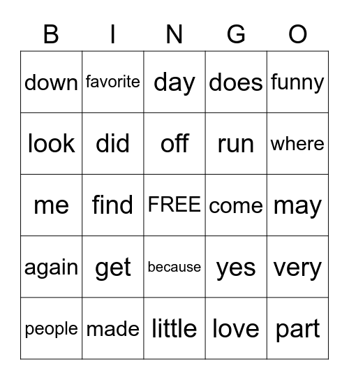 Sight Word Bingo 4 Bingo Card