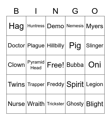 DBD Killers Bingo Card