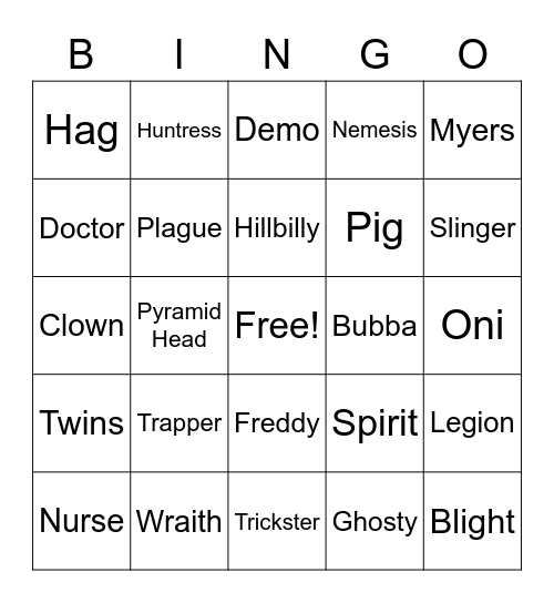 DBD Killers Bingo Card