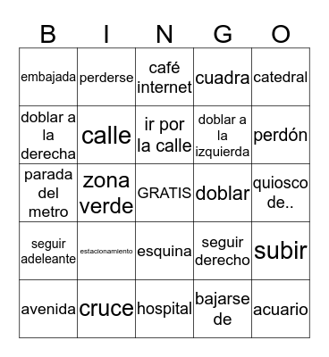 Spanish2 Chapter3 Bingo Card