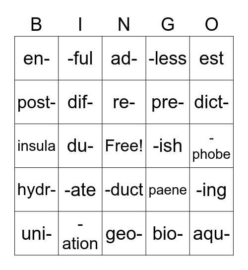 Prefix and Suffix List 1 Bingo Card