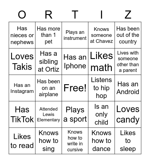 Getting To Know Others Bingo Card