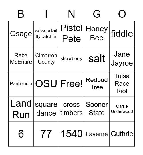 Oklahoma History Bingo Card