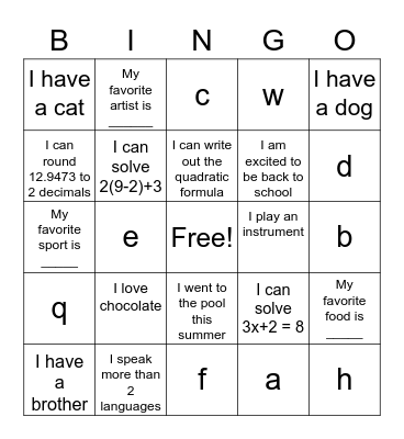 Get-to-Know your Classmates BINGO Card