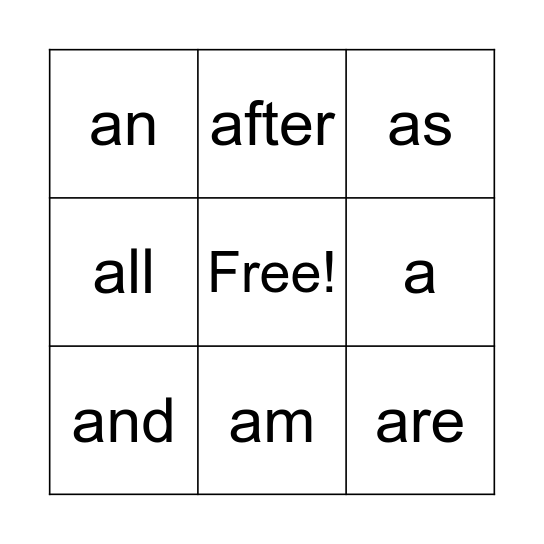 High Frequency Word BINGO Card