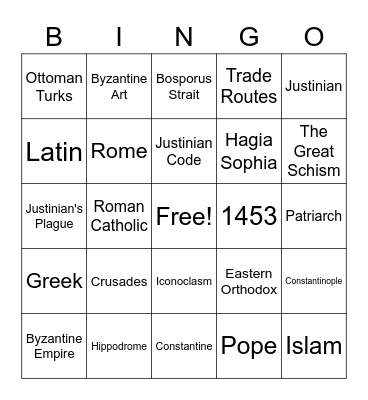 The Byzantine Empire Bingo Card
