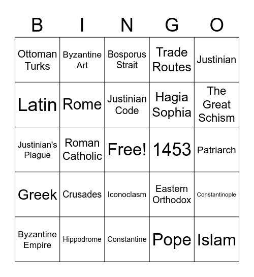 The Byzantine Empire Bingo Card