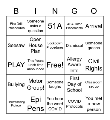 Back To School Bingo Card