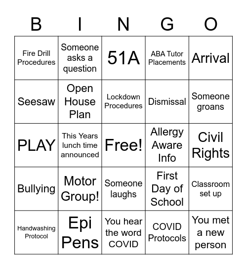 Back To School Bingo Card