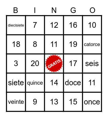 2021 - Spanish 1 - Period 1 - Numeros 1 - 20 Bingo Card