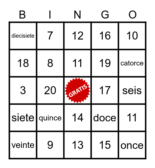 2021 - Spanish 1 - Period 1 - Numeros 1 - 20 Bingo Card