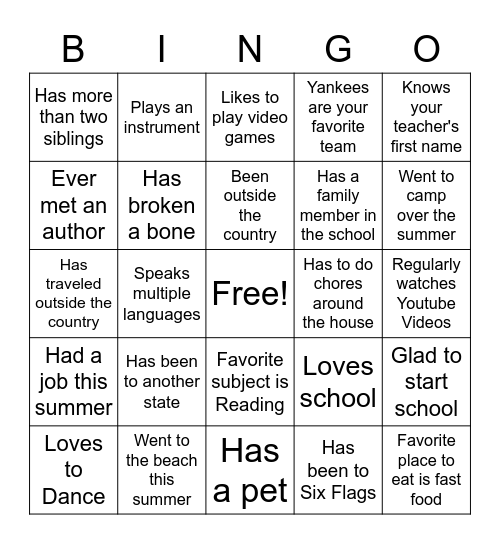 Get to Know You Bingo Card