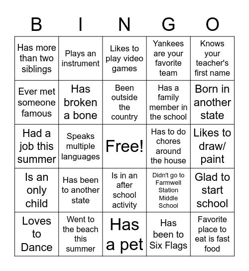Get to Know You Bingo Card