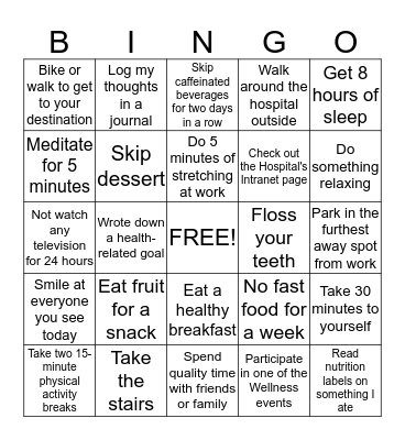 Wellness Week Bingo Card