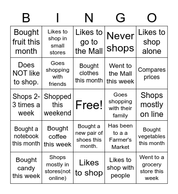 SHOPPING - Find someone who Bingo Card