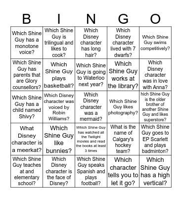 The Wonders of Disney Bingo Card