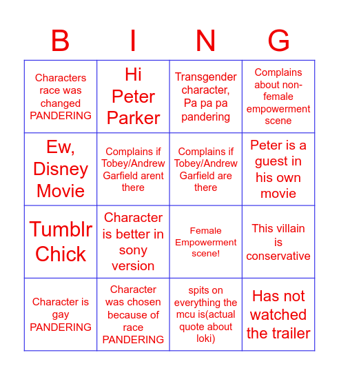 Spoidermoin Bingo Card