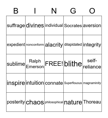 Transcendentalism Vocabulary Practice Bingo Card