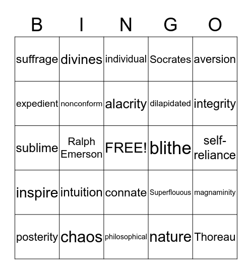 Transcendentalism Vocabulary Practice Bingo Card