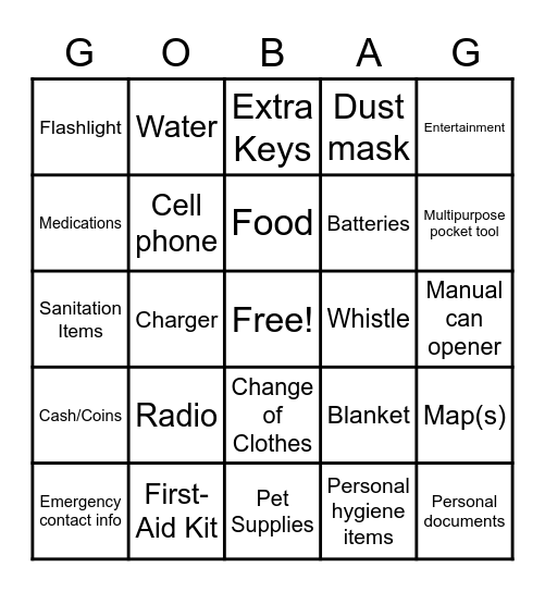 GO-BAG BINGO Card