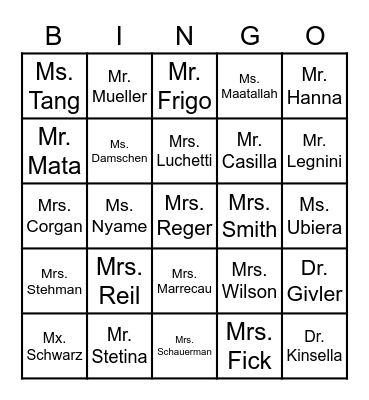 Shipley Middle School Bingo Card