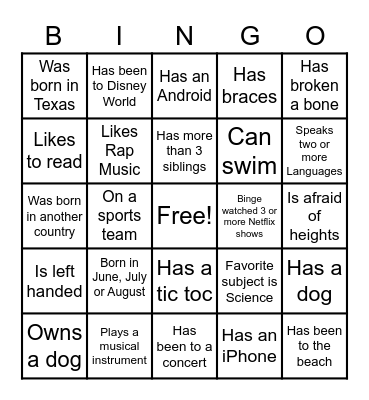 Getting To Know You Bingo Card