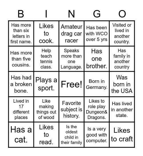 WCO Diversity Bingo Card