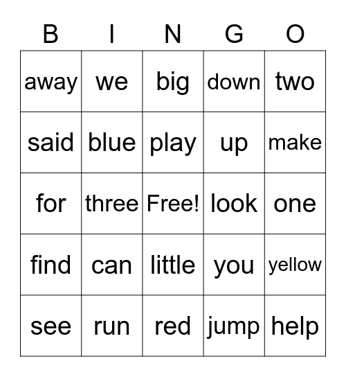 Sight Words Bingo Card