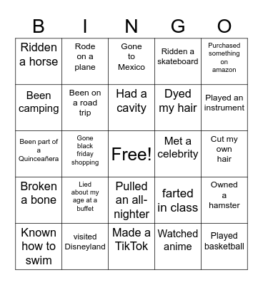 NEVER HAVE I EVER Bingo Card