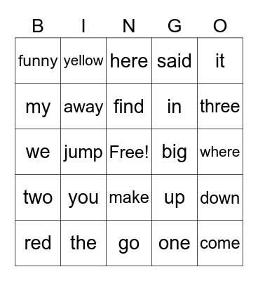 sight words Bingo Card