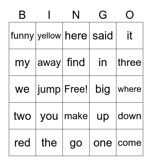 sight words Bingo Card