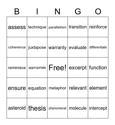 Vocabulary Bingo Card