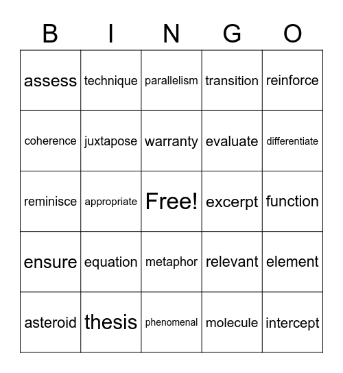 Vocabulary Bingo Card