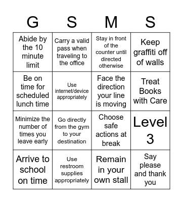 GSMS Expectations Bingo Card