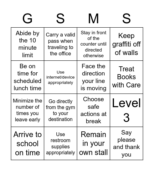 GSMS Expectations Bingo Card