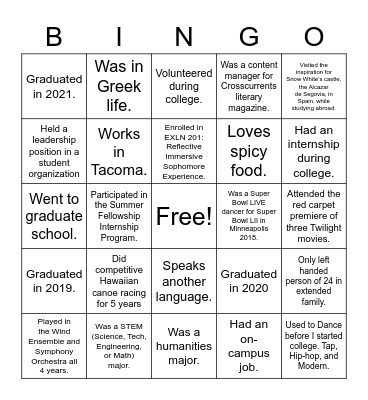 2nd Year Logger Campus & Community Welcome Bingo Card