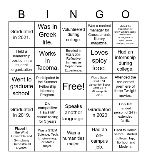 2nd Year Logger Campus & Community Welcome Bingo Card