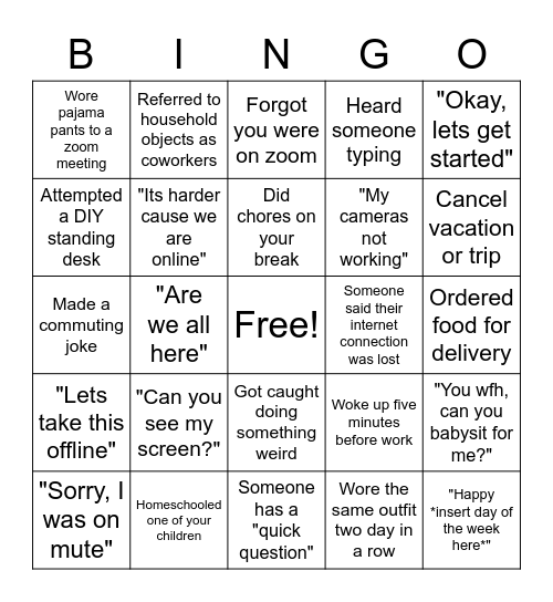 Working from Home Be Like... Bingo Card