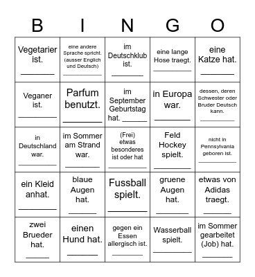 Sprich Deutsch und finde jemanden, der ..., die... Bingo Card