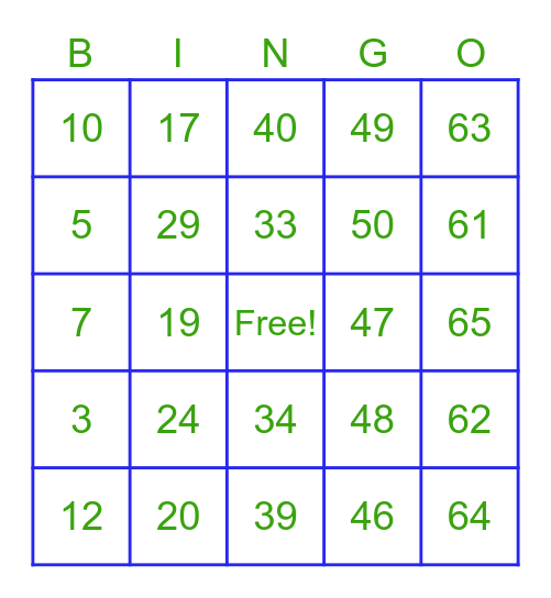 Number Bingo 1-60 Bingo Card