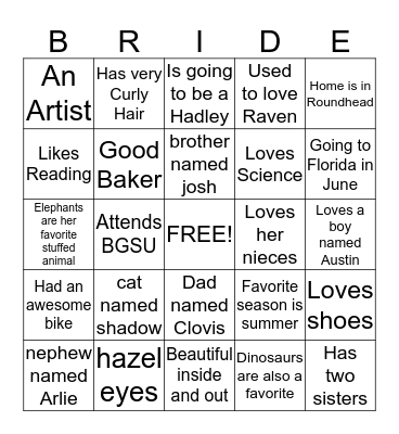 Liz Bridal shower Bingo Card