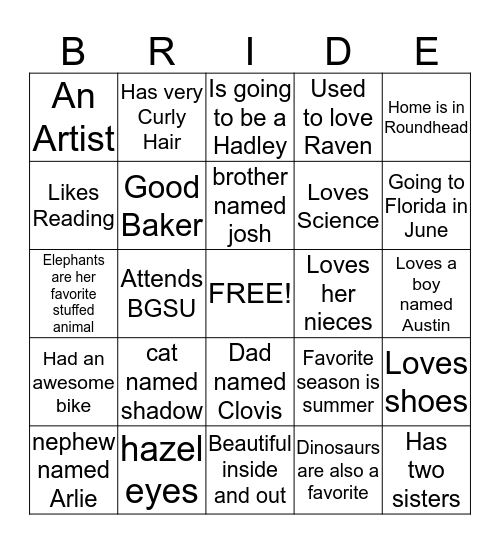 Liz Bridal shower Bingo Card