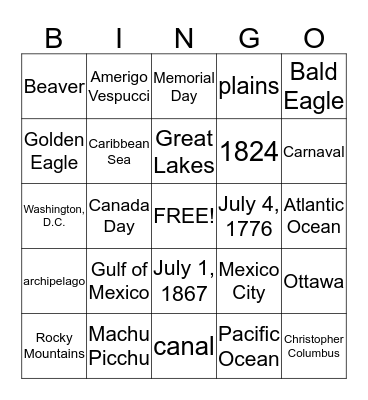 North America Bingo Card